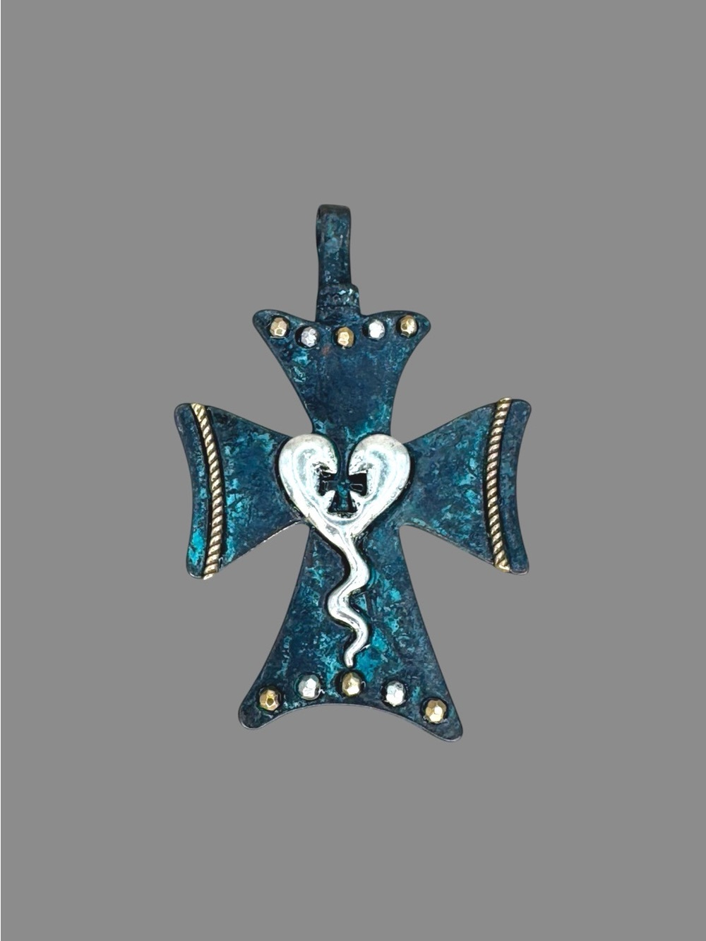 Large Artisan Style Teal Patina Cross Pendant Silver Gold Tone Heart 3”